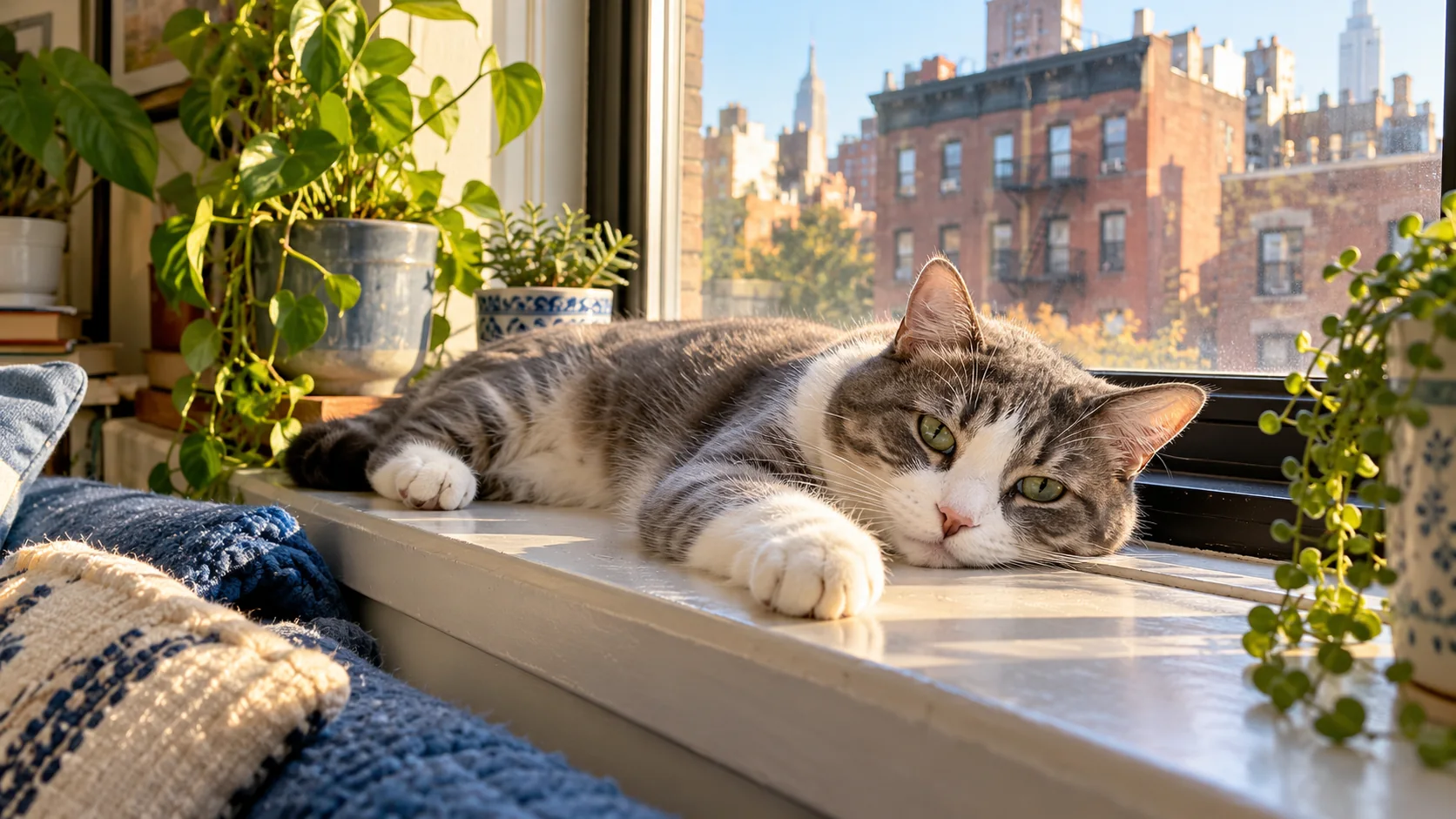 A gray and white cat resting on a sunny apartment windowsill